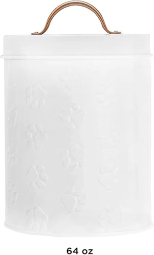 Amici Pet Puppy Paws White Metal Food Canister, Small, 64oz | Small Airtight Pet Food Storage Container with Silicone Gasket Lid, Embossed Paw Print for Dog & Cat Food, Treats & Kibbles