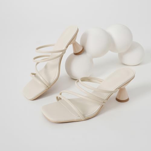 Women's Square Toe Twisted Strap Mules Open Toe Sculptural Kitten Heels Backless Slip On Sandals with Memory Foam - color: Beige Strappy, size: 8