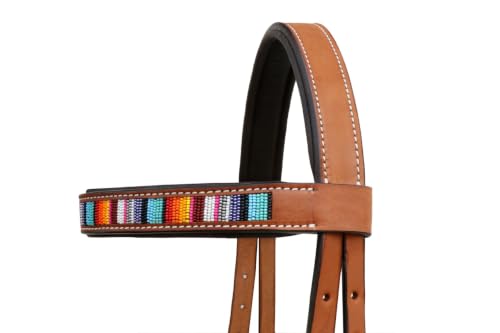Horse Western Tan Leather Padded Bitless Training Sidepull Bridle Reins - color: Tan Beaded Serape