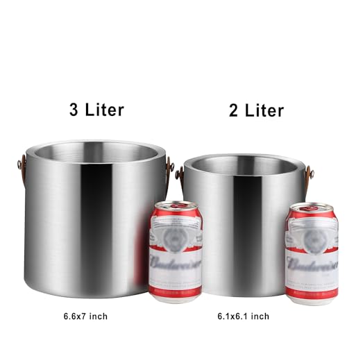 Bakpoco Double-Wall Vacuum Insulated Ice Bucket with Lid, Scoop, Ice Tong, Strainer & Leather Handle Keep Ice Frozen Longer Large Wine Ice Buckets for Cocktail Bar,Parties Chilling Beer Champagne 3L - color: Silver Classic – Tan Handle, size: 3 liters