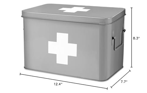 Flexzion Large Metal First Aid Box Empty, 13-Inch, Gray with White Cross - color: Gray, size: 13 Inch without Latch Lock