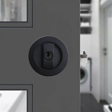 Dontay Pocket Door Keyed Lock, Round Contemporary Entrance Sliding Barn Door Lock Latch, Recessed 2 Sided, 2-3/8 inch Backset, Flush Handles Hardware(Matte Black,2) - color: Matte Black