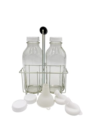 The Dairy Shoppe Heavy Glass Milk Bottles - Extra Lids, Silicone Pour Spouts, Silicone Funnel - Reusable Glass Milk Jug Dispenser - Wire Carrier - Made in USA (Liter 2 Cell Carrier Combo) - size: 33.8 Ounces