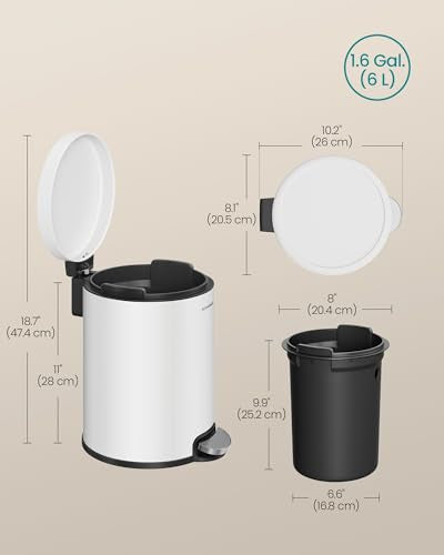 SONGMICS Bathroom Trash Can, Soft-Close, 1.6 Gallon (6 L), Stainless Steel - color: Cloud White
