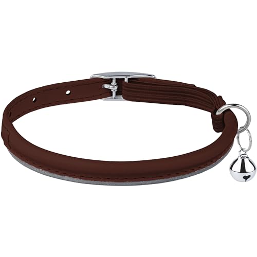 OOPSDOGGY Rolled Leather Cat Collar with Bell, Reflective Kitten Collars with Buckle Include Safety Elastic Strap - Adjustable Small Pet Collars for Boy Girl Cats (Brown) - color: Brown