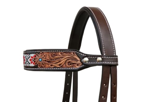 Horse Western Tan Leather Padded Bitless Training Sidepull Bridle Reins - color: Floral Beaded White