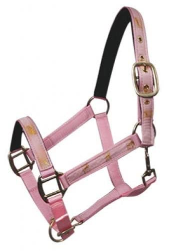 Adjustable Cob Size Neoprene Lined Nylon Halter w/Running Horse Overlay - color: Pink