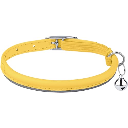 OOPSDOGGY Rolled Leather Cat Collar with Bell, Reflective Kitten Collars with Buckle Include Safety Elastic Strap - Adjustable Small Pet Collars for Boy Girl Cats (Yellow) - color: Yellow