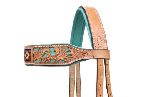 Horse Western Tan Leather Padded Bitless Training Sidepull Bridle Reins - color: Floral Filigree Turquoise