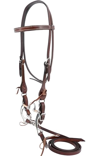 Jeereal Working Tack Browband Bridle with Single Cheek Buckle Includes Stainless Steel 5" Correction Bit,5/8" x 7' Leather Split Reins and Leather Single Flat Link Chain Curb Strap