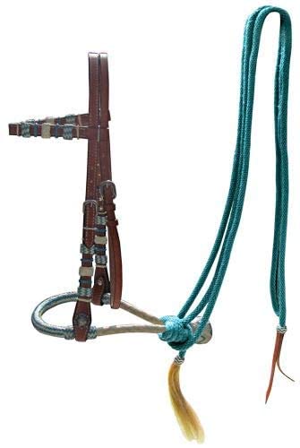 Showman Leather Bosal Headstall w/Teal Rawhide Braided Bosal & Mecate Reins