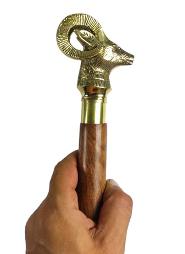Handcrafted Spiral Brown Wooden Walking Stick with Brass Golden Wild Sheep Head Handle Foldable Durable Walking Cane for Seniors & Adults