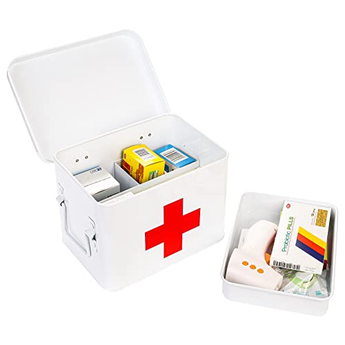 WUWEOT Metal First aid Box, Divided Medicine Tin First Aid Kit, Vintage Antique Empty Boxes with Lid and Removable Tray for Home Family Emergency Tool