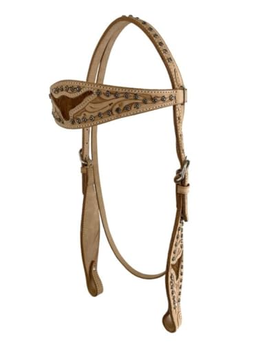 Showman Tooled Leather Headstall & Breast Collar w/Cut Out Steer Heads & Cowhide - color: Light Oil