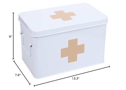 Lassos Boutique 13" Retro Enameled First Aid Box, Medicine Storage with Lid, Tray, Dividers, White/Tan