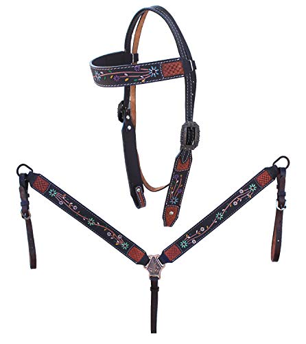 CHALLENGER Horse Western Leather Tooled Headstall Bridle Breast Collar Tack Set 78HRBrowbandSet - color: Brown Flower