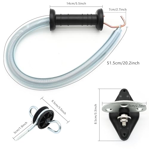 Electric Fence Spring Gate Handles Kit, Dual Ring Electric Fence Insulators for Wooden Post, Electric Fence Handle Set with Anchors,16-Feet Tension Spring, Black (4)