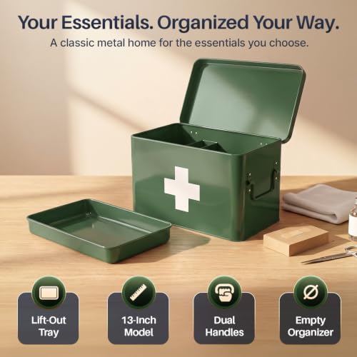 Flexzion Large Metal First Aid Box Empty, 13-Inch, Green with White Cross - color: Green, size: 13 Inch without Latch Lock