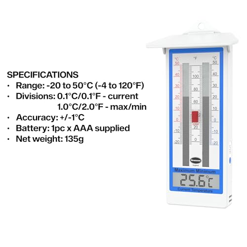 Digital Greenhouse Thermometer - Max Min Thermometer for Greenhouse or Garden, Maximum and Minimum Temperatures, Indoor Outdoor Accessory