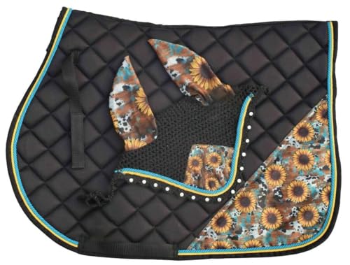 Sunflower All Purpose English Saddle Pad, Handmade Jumping Saddle Pad, Fly Bonnet, Saddle Cloth Festve Fancy Style Saddle Pad Fly Veil Set - size: Horse / Full