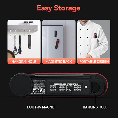 0.3s Instant Read Meat Thermometer, IP67 Waterproof (Red) - color: Red