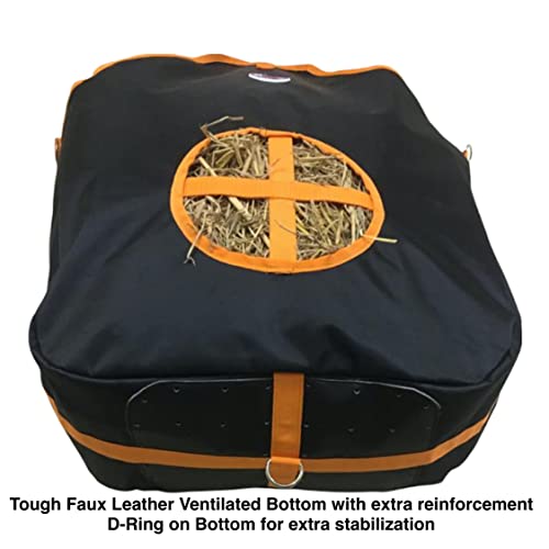 Majestic Ally Nylon Hay Feeder Tote Bag for Horse, Goat, Sheep - Double Sides Open Feed Hole with Faux Leather Ventilated Bottom- Premium Quality -Simulates Grazing - Reduces Waste (Black) - color: Black