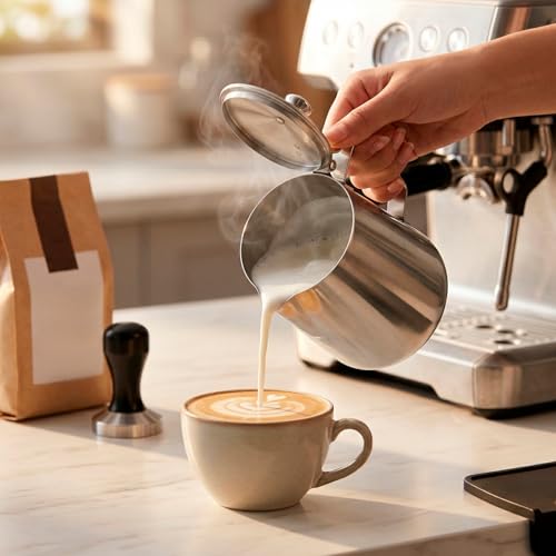 QWORK 600 mL 304 Stainless Steel Coffee Cup, Milk Frothing Pitcher with Lid, Latte Art Steaming Jug with Precision Pour Spout and Ergonomic Handle for Espresso Cappuccino Coffee