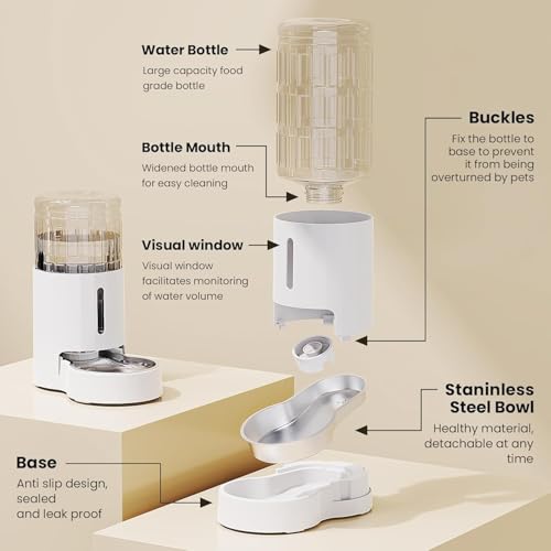 CZPET Automatic 4L/135Oz/1Gal Cat Water Dispenser with Stainless Steel Bowl, Gravity Waterer for Small Medium Dog Puppy Kitten (White) - color: White, size: 4L