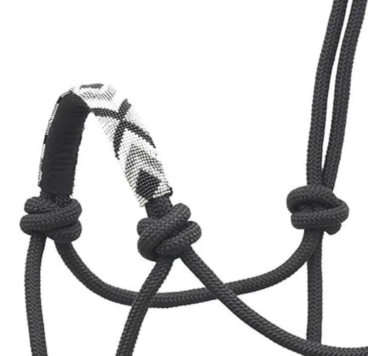Sie Nylon Horse Braided Rope Halter Beaded Noseband Lead Rope (Black & Silver) - color: Black & Silver