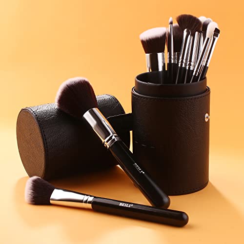 BEILI Makeup Brushes 12pcs Makeup Brushes Set with Holder Premium Synthetic Kabuki Foundation Brush Blending Blush Concealer Full Face Makeup Brushes Kit With Gift Box(Black) - color: 12pcs with Holder