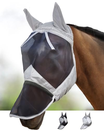 Harrison Howard CareMaster Horse Fly Mask Long Nose with Ears Full Face Silver/Black Retro Medium Cob - color: Silver/Black, size: Cob (Medium)