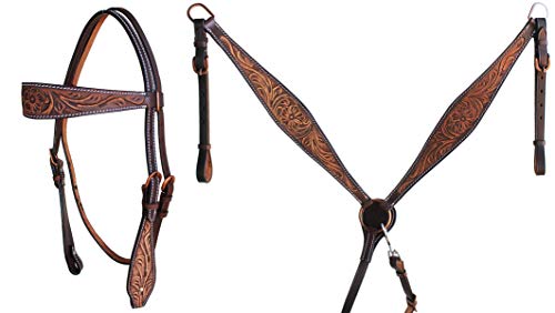 CHALLENGER Horse Western Leather Tooled Headstall Bridle Breast Collar Tack Set 78HRBrowbandSet - color: Brown Flower Tooled