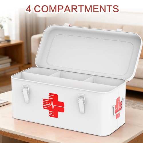 Orionstar Metal First Aid Box with Handle, 3 Pill Organizers, White - color: White