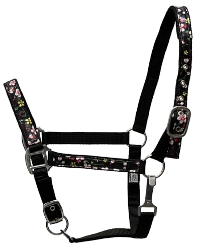 2 Ply Nylon Horse Size Halter with Flower Design Tape Accent - color: Black