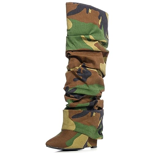 Yishaweiqi Slouched Ruched Fold Over Boots for Women Covered Wedge Heel Patent Leather Knee High Boots Wide Calf Pointed Toe Casual Boots - color: Camouflage, size: 7