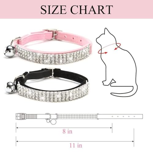 BINGPET Diamond Cat Collar with Bell,Adjustable Kitten Collar, Pink&Black - color: Pink & Black(Rhinestones), size: Neck Girth 8"-10"