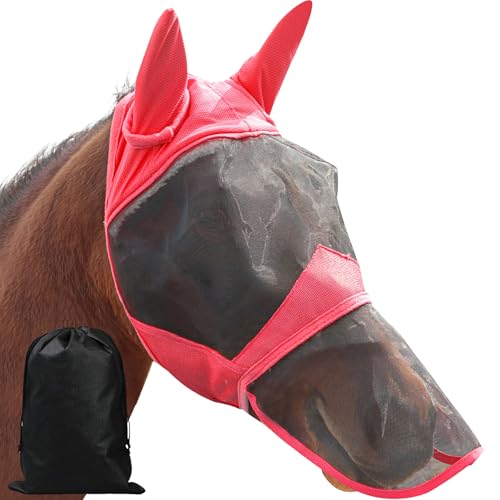 Full Face Long Nose Fly Mask with Ears Protection Maximum Coverage UV Shield for All Day Pasture and Turnout Use (Red) - color: Red