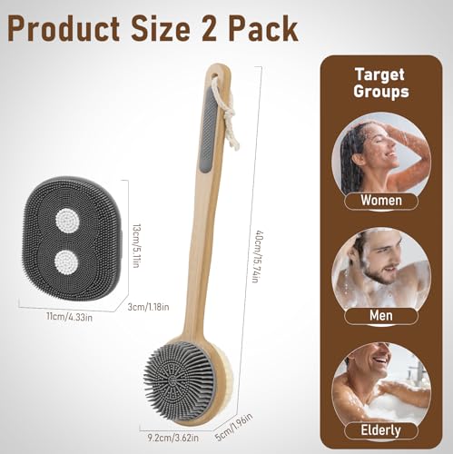 Back Scrubber for Shower & Body Scrubber 2 Pack - Silicone & Nylon Bristles - color: Grey