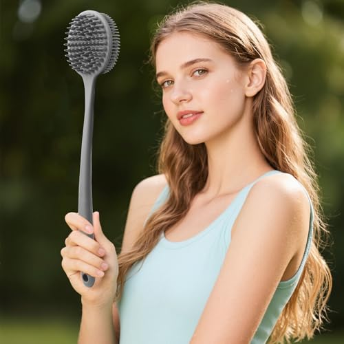 Silicone Body Scrubber for Shower Men Women – Dual-Sided Exfoliating & Massage Shower Brush with Long Handle, Creates Rich Lather, Includes 1 Hook & 2 Lather Balls (Gray). - color: Gray