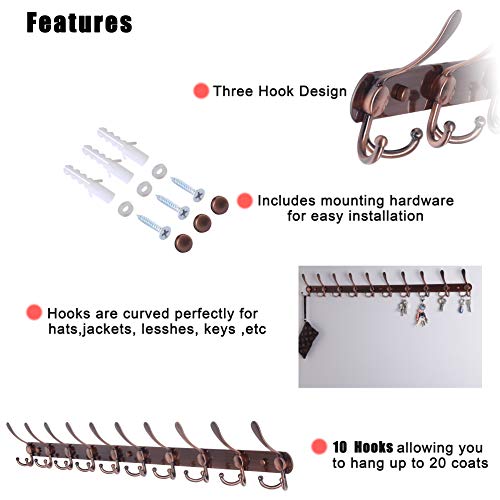 Dseap Coat Rack Wall Mount - 38” Long 10-Tri-Hooks Heavy Duty Coat Hanger Rail Wall Hooks for Hanging Coats Hats Clothing Clothes Purse Mudroom Entryway, Antique Copper, Pack of 2 - color: Antique Copper, size: L=38” (2 Pcs)