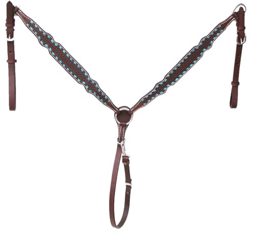 CHALLENGER Horse Western Leather Tooled Headstall Bridle Breast Collar Tack Set 78HRBrowbandSet - color: Brown Basketweave Turquoise Buckstitch