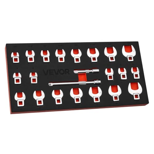 VEVOR Crowfoot Wrench Set, 3/8" Drive, 22-Piece Metric and SAE Size Crows Foot Wrenches, CR-MO Alloy Steel, with Storage Tray, Dual Size Markings on Tools and Tray, for Auto Maintenance or Repairs - size: 3/8" 22 PCS