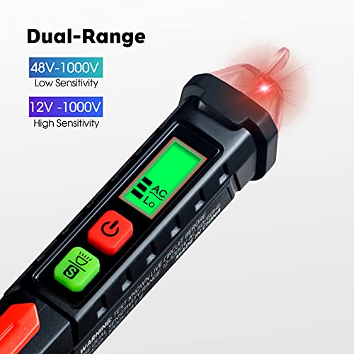WGGE AC Voltage Tester,Non-Contact Voltage Tester, Dual Range 12-1000V/48-1000V with LCD Display, Buzzer Alarm, Flashlight and Live/Neutral Wire Detection