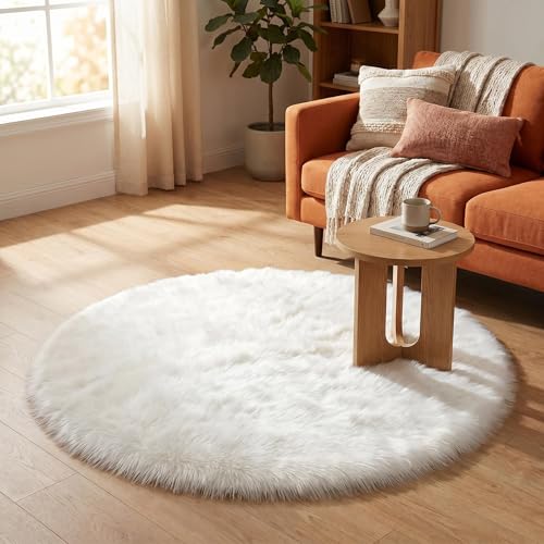 duduta White Faux Fur Sheepskin Round Rug 4x4 ft, Fluffy Shag Circle Rug - color: White, size: 4' x 4'