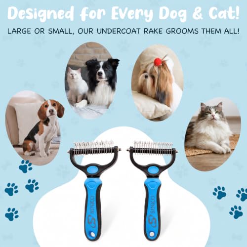 Sinko Shedding Brush For Dog and Cat, Undercoat Rake with Extra Wide Double-Sided Stainless Teeth for Detangling, Deshedding, Brushing & Removing Shed Fur, Knots, Mats, and Tangles in Pets (Blue) - color: Blue