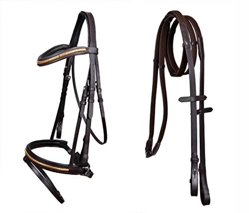 CHALLENGER Horse English All-Purpose Trail Pleasure Padded Leather Crystal Browband Bridle with Buckle Reins 803HI24BR-F