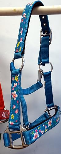 2 Ply Nylon Pony Halter with Flower Design Tape Accent - color: Teal Blue