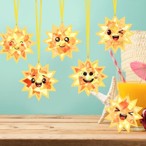AmazingSpark 30 Pcs Sun Suncatchers Craft Kits, Stained Glass Spring | DIY Tissue Paper Set for Kids, Sun Face Designs, Bulk Party Art Activities, Summer Classroom Window Decorations - style: Sun
