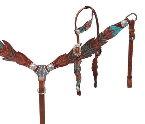 Showman Cut-Out Teal Painted Feather Headstall & Breast Collar Set w/Reins