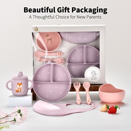 Little Rawr Baby Led Weaning Bundle, 100% Silicone Baby Feeding Set Includes Divided Plate, Suction Bowl, Straw Cup, Bib, Spoon & Fork, Develops Self Feeding Skills, Dishwasher Safe (Purple) - color: Pink